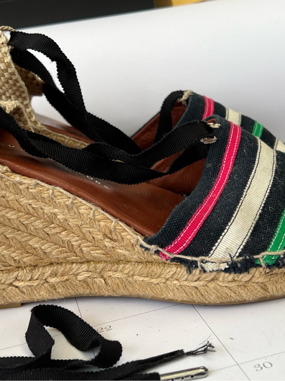 Marc Jacobs Black Striped Espadrille Wedges with Pink and Green Stripes - Picture 7 of 10
